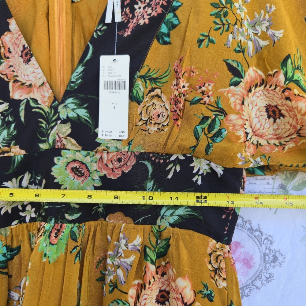 NWT Anthropologie Printed V-Neck Maxi Dress Floral Boho Bell Sleeve Mustard Sz 4 - Picture 6 of 7